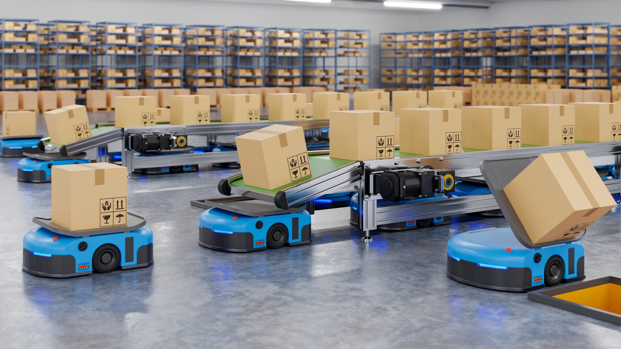 Robots efficiently sorting hundreds of parcels per hour(Automated guided vehicle) AGV.